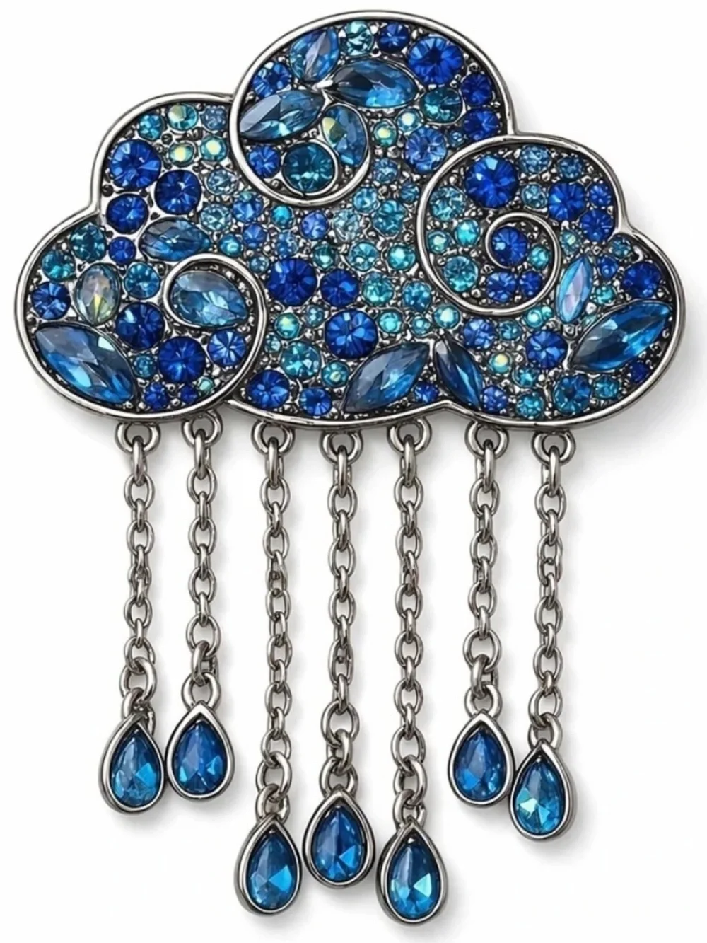 Sparkling Blue Rhinestone Rain Cloud Brooch Pin Whimsical Silver Tone Dangle